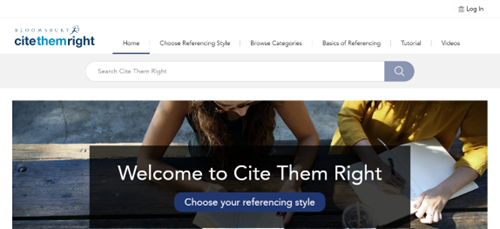 Screenshot of citethemright homepage with login highlighted