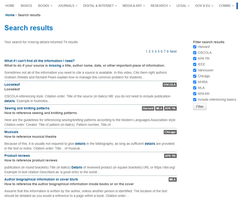 Screenshot of citethemright search example