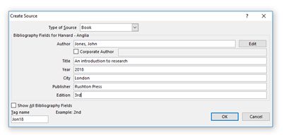 Screenshot of the Select Citation in MS Word